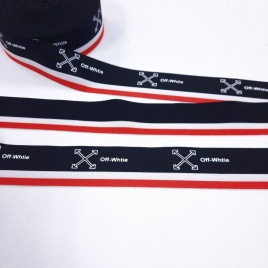 Лента репсовая ш. 38 мм. Off-White белый на чёрном и красном