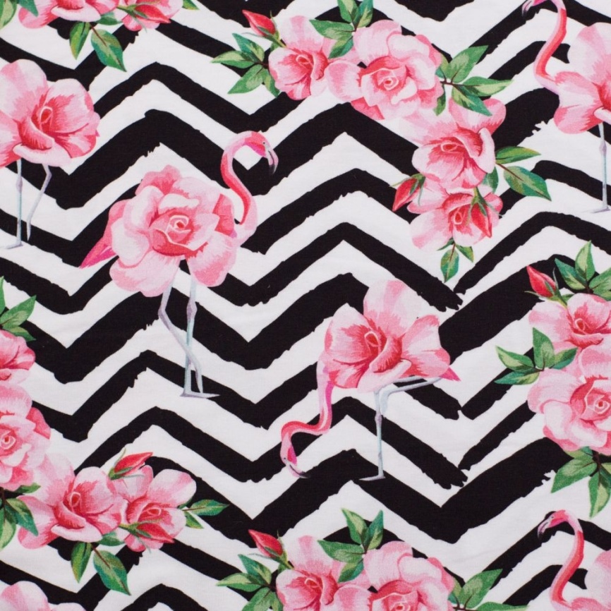 Трикотаж Кулирка Фламинго на зигзагах фото 1