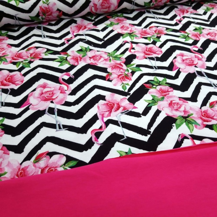 Трикотаж Кулирка Фламинго на зигзагах фото 4