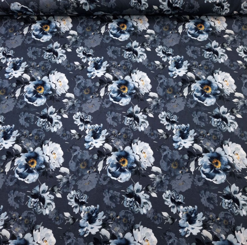 Трикотаж Кулирка Цветы на тёмно-сером фото 1