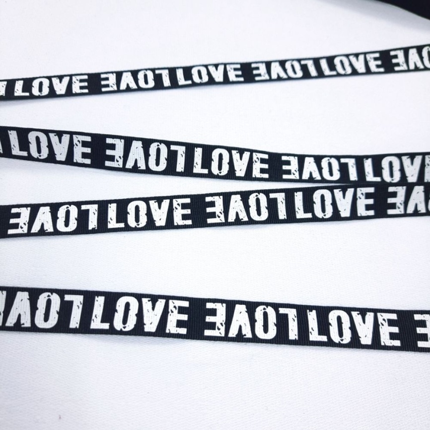 Лента репсовая ш. 18 мм. Love белый на чёрном фото 1
