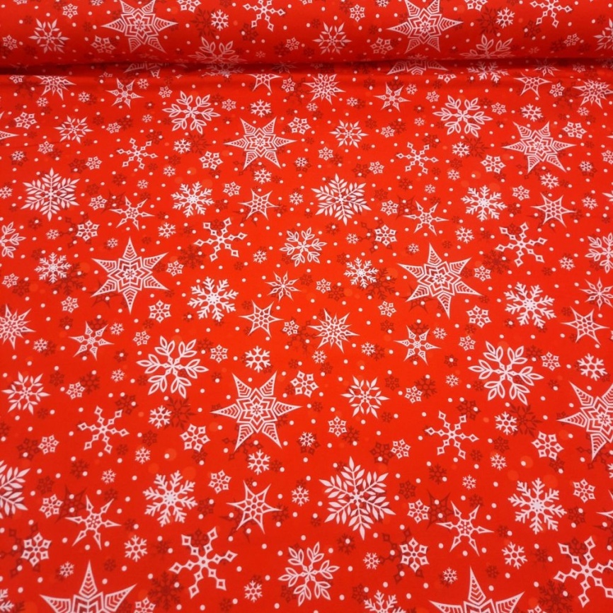 Трикотаж Футер 2-нитка Петля Снежинки на красном фото 1