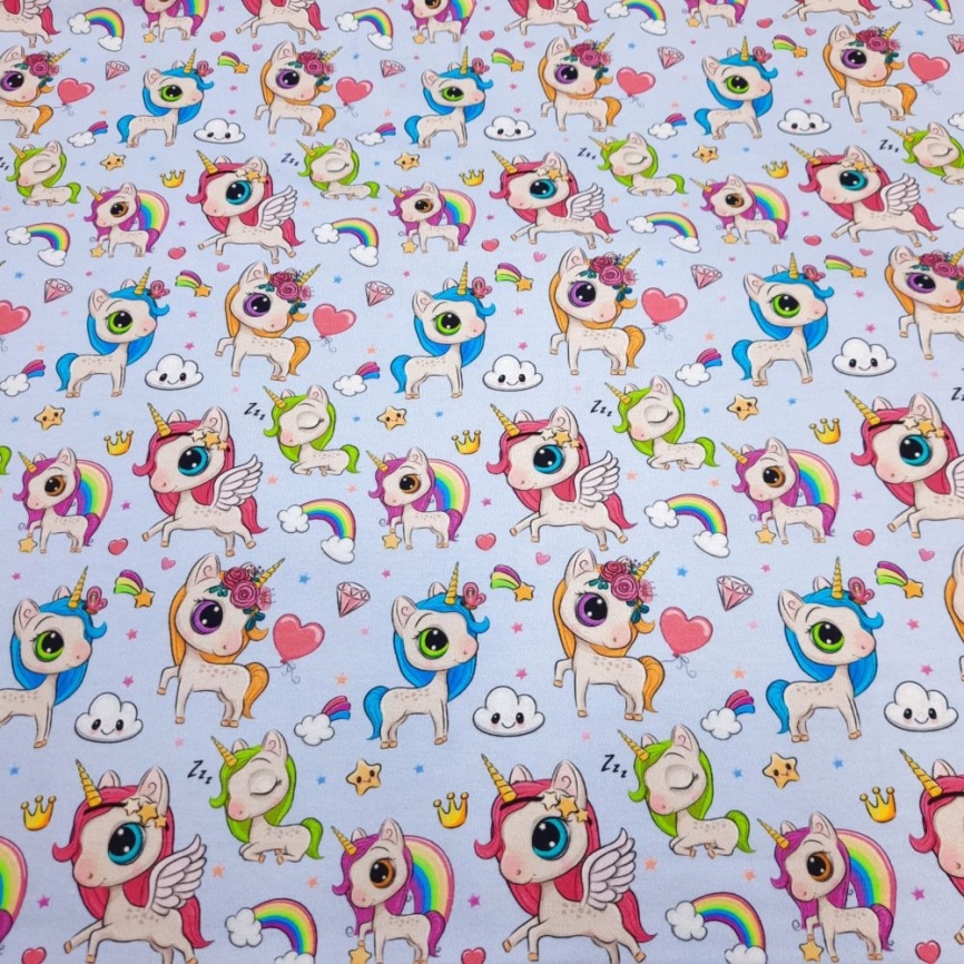 Трикотаж Кулирка Единорожки на голубом фото 1